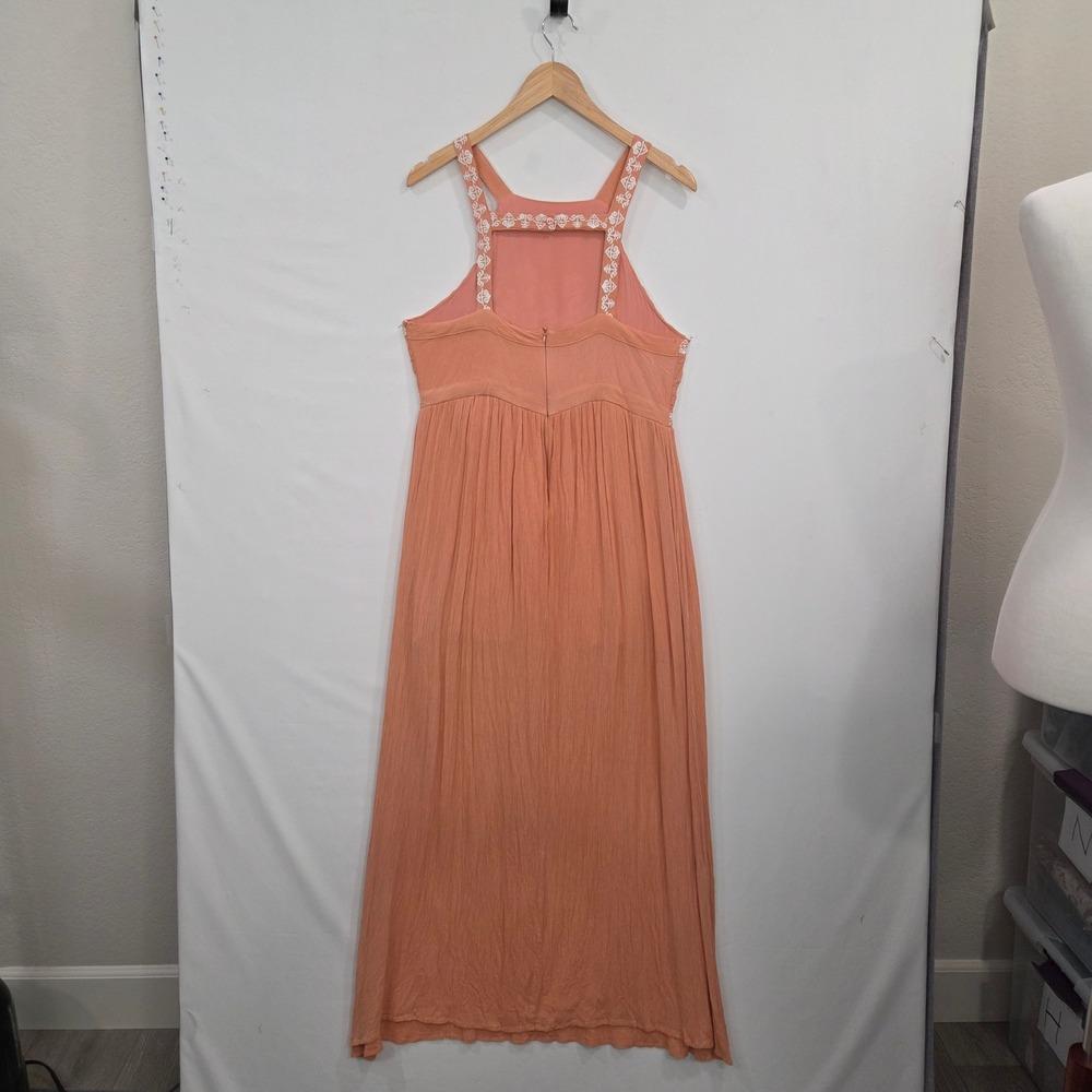 En Creme Orange Rayon Maxi Dress Large Embroidered Floral Halter Boho Summer - Picture 9 of 16